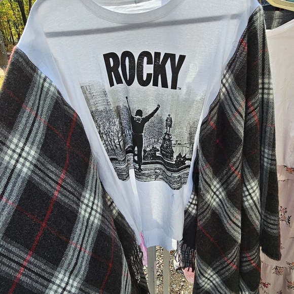 Rocky Tops - Rocky Graphic Tee With Flannel Scarves Poncho -OS